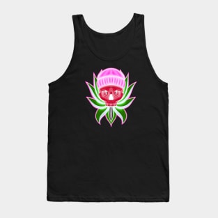 Pink and Green Neon Skull with Hat in Lotus flower T-Shirt Tank Top